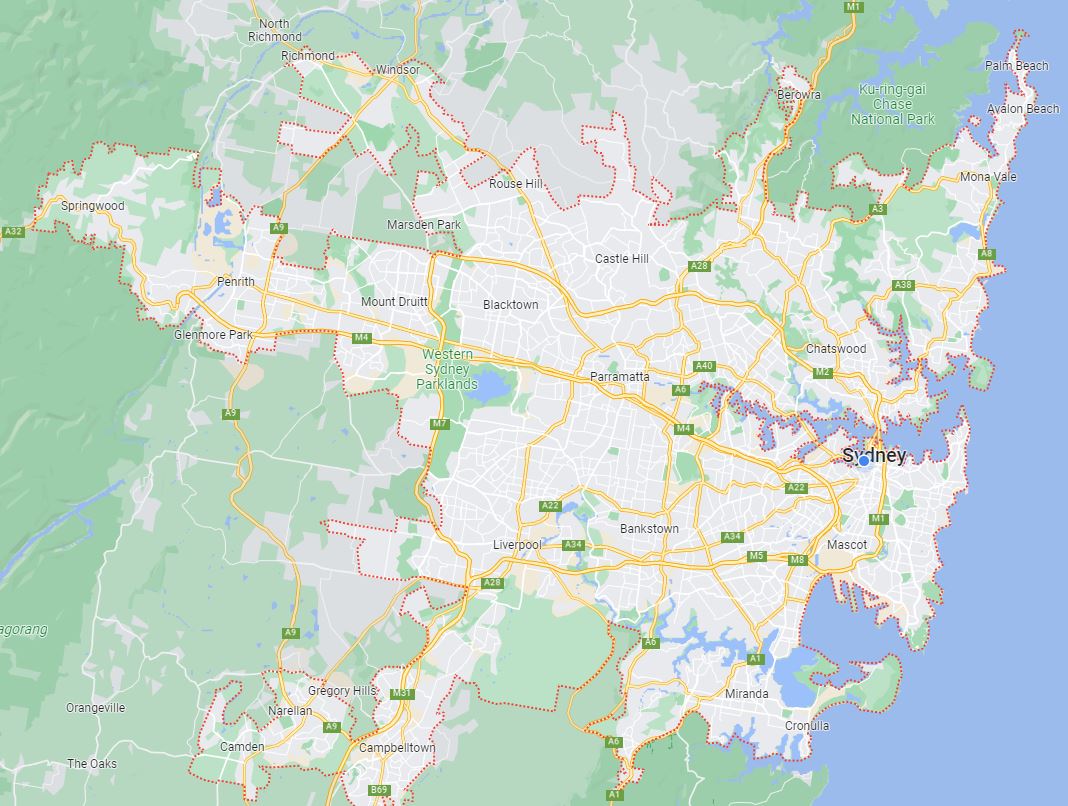 Map of Greater Sydney showing Clean and Joy's service area